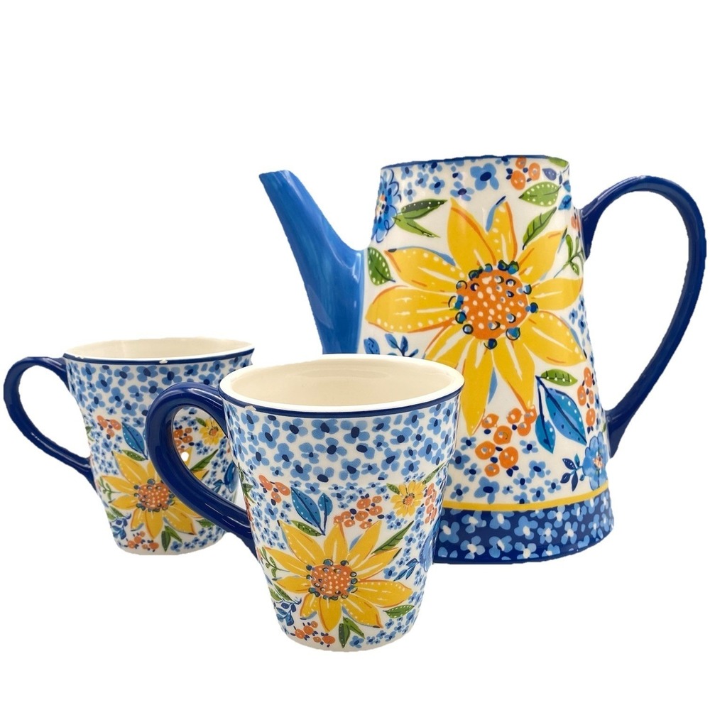 Jenny Faw Hearts of Hope 2022 Sunflower Teapot & 2 Tea Cups Colorful Ceramic Set